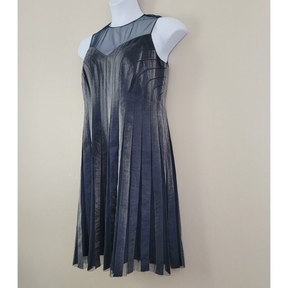 ADRIANNA PAPELL Size 12P Blue Gray Metallic Pleated Formal Party Cocktail Dress - Picture 3 of 9